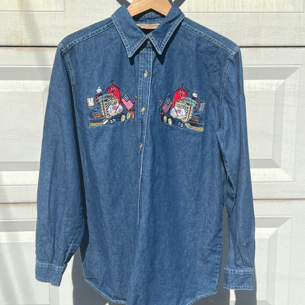 Vintage Quizz Again Embroidered Denim Button Down